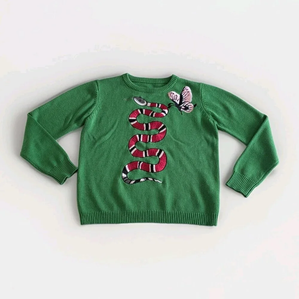 Wengel Cashmere Sweater Womens S Green Snake Butterfly Embroidery LS Preppy Boho